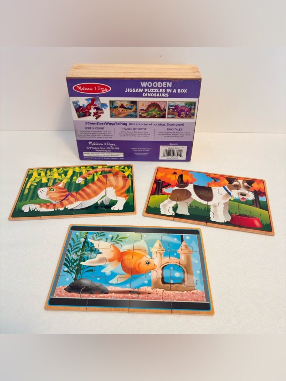 Melissa & Doug Wooden Jigsaw Puzzles In A Box Dinosaurs/ Pets Dog Cat Goldfish